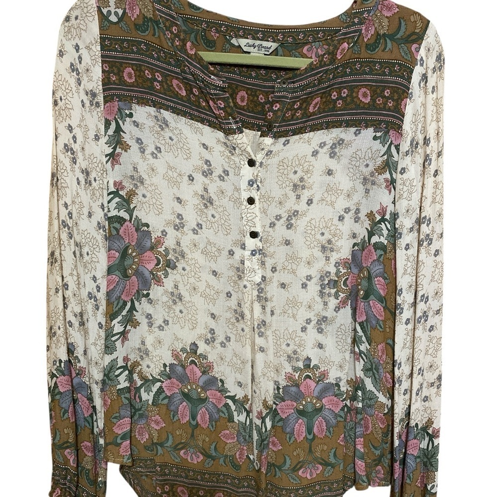 Lucky Brand Floral Boho Button-Down Tunic- Cream, Pink, Green Size Small.